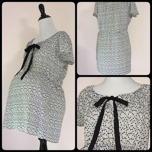 Coquette Retro Maternity Top Womens L 12 14 Bow Tie Neck Polka Dot Black White